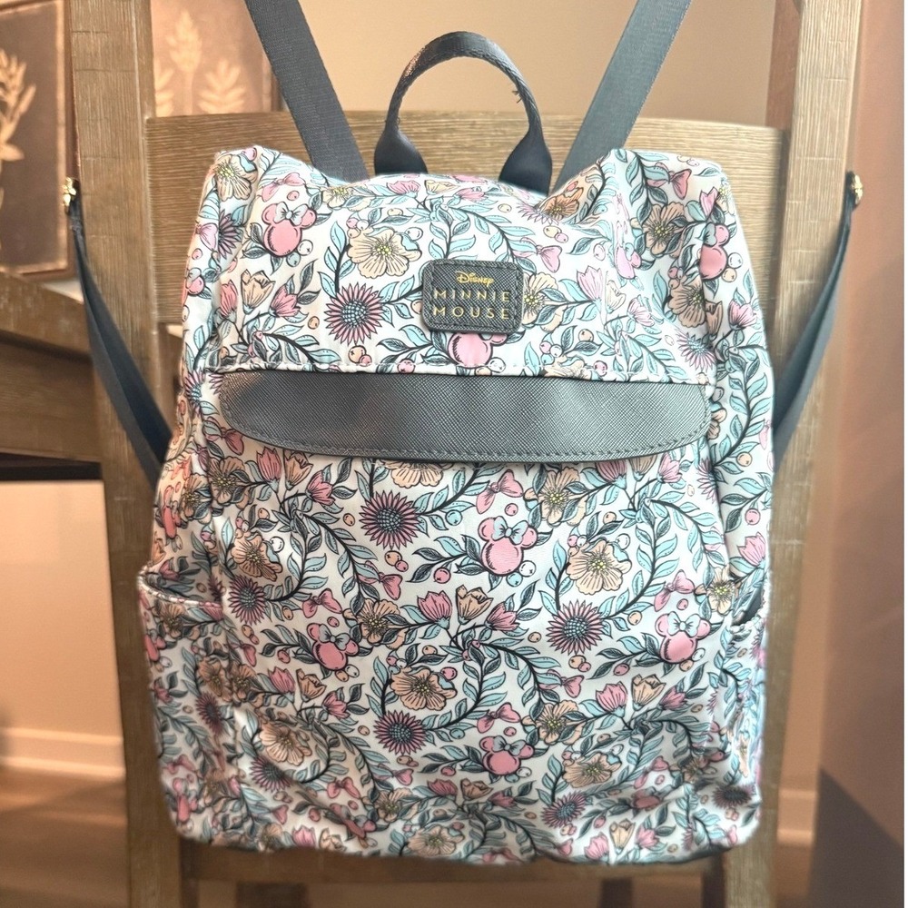 Disney Minnie Mouse Floral Backpack White Pink Blue Botanical Print Mini Bag